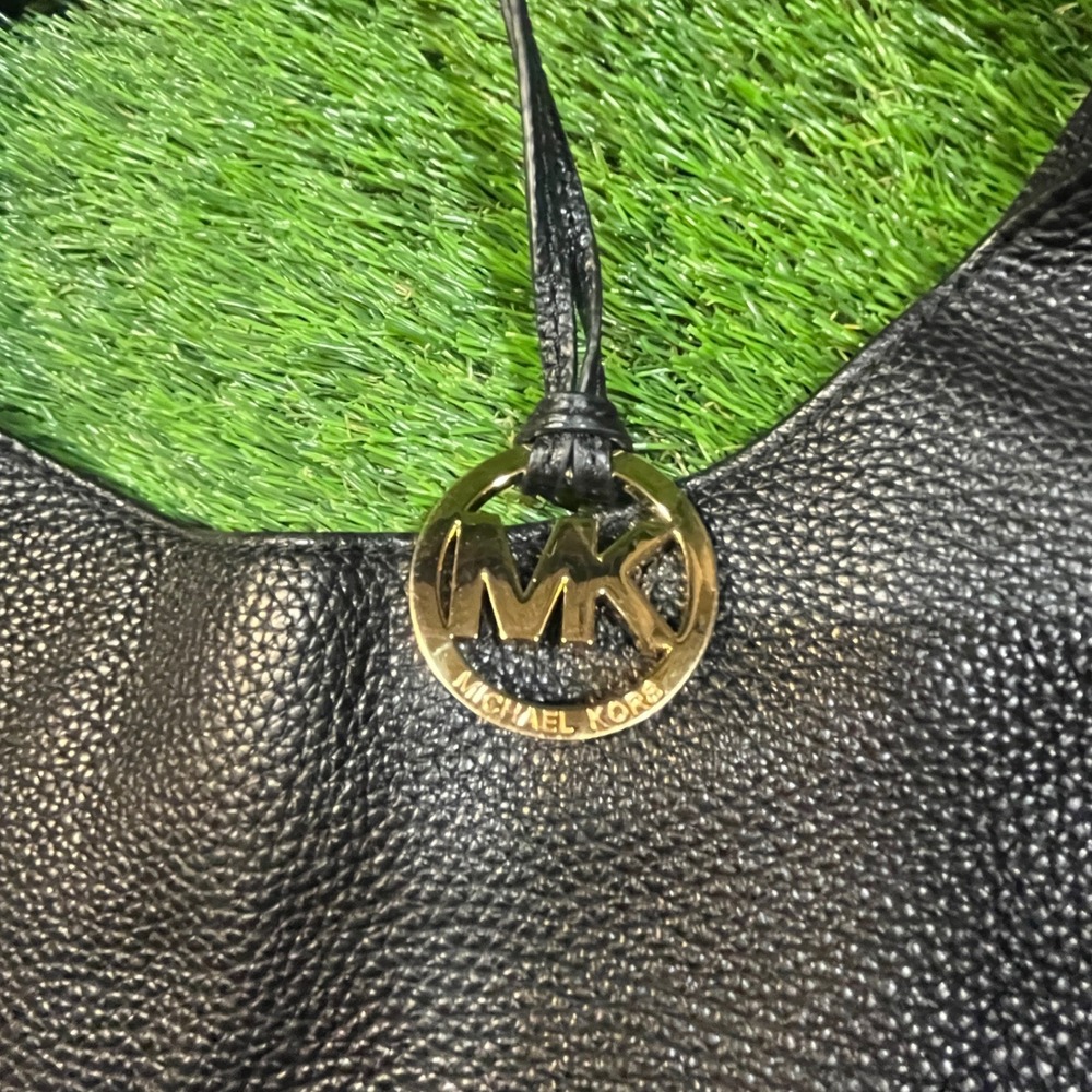 Michael Kors Black Pebbled Leather Hobo Shoulder Bag Gold Buckle Detail MK Logo